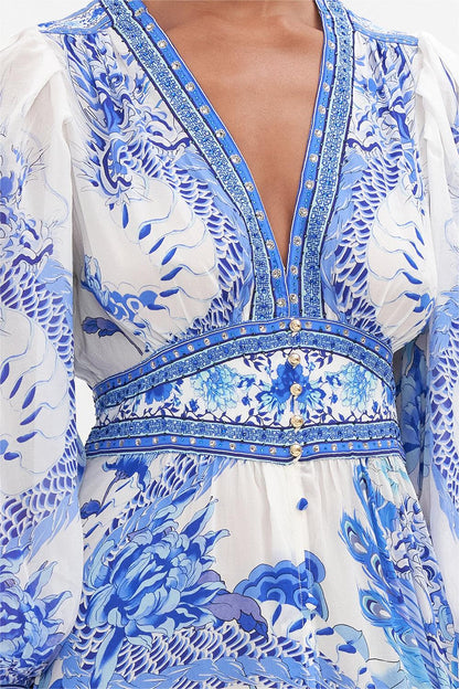 Dragon Print V-Neck Lantern Sleeve Midi Dress