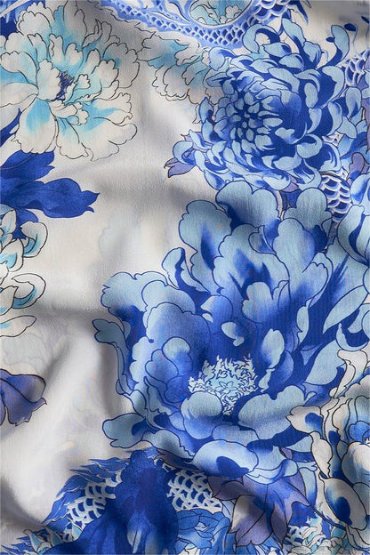 Dragon Print V-Neck Lantern Sleeve Midi Dress