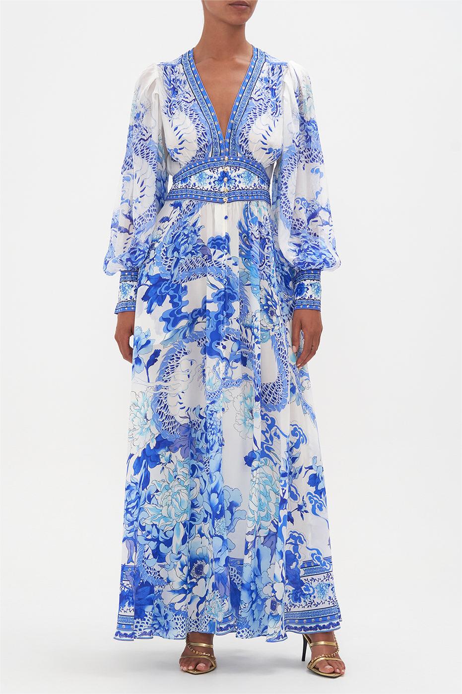 Dragon Print V-Neck Lantern Sleeve Midi Dress