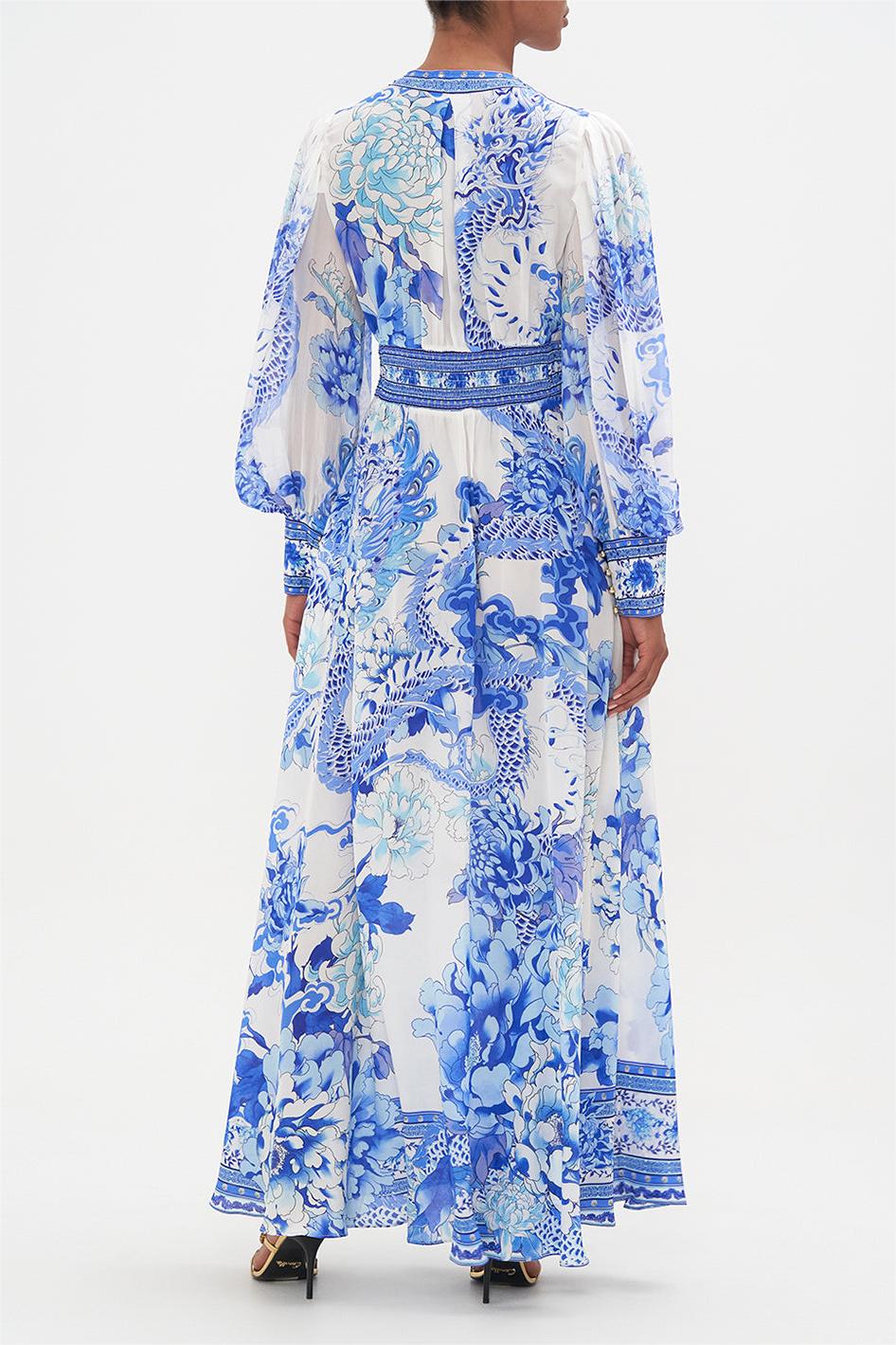 Dragon Print V-Neck Lantern Sleeve Midi Dress