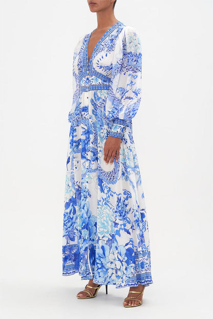 Dragon Print V-Neck Lantern Sleeve Midi Dress