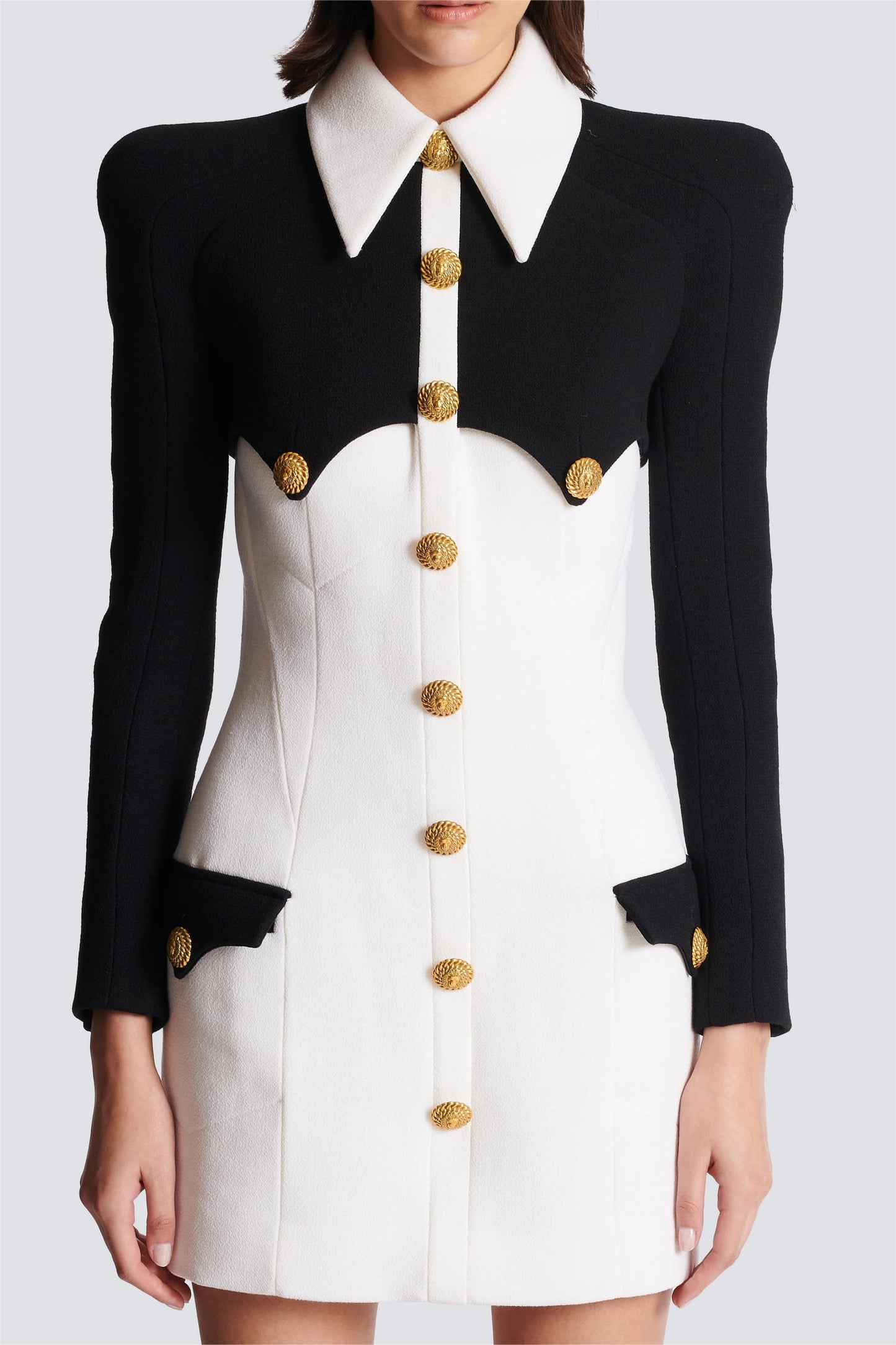 Contrast Color Metal Button Long Sleeve Mini Dress