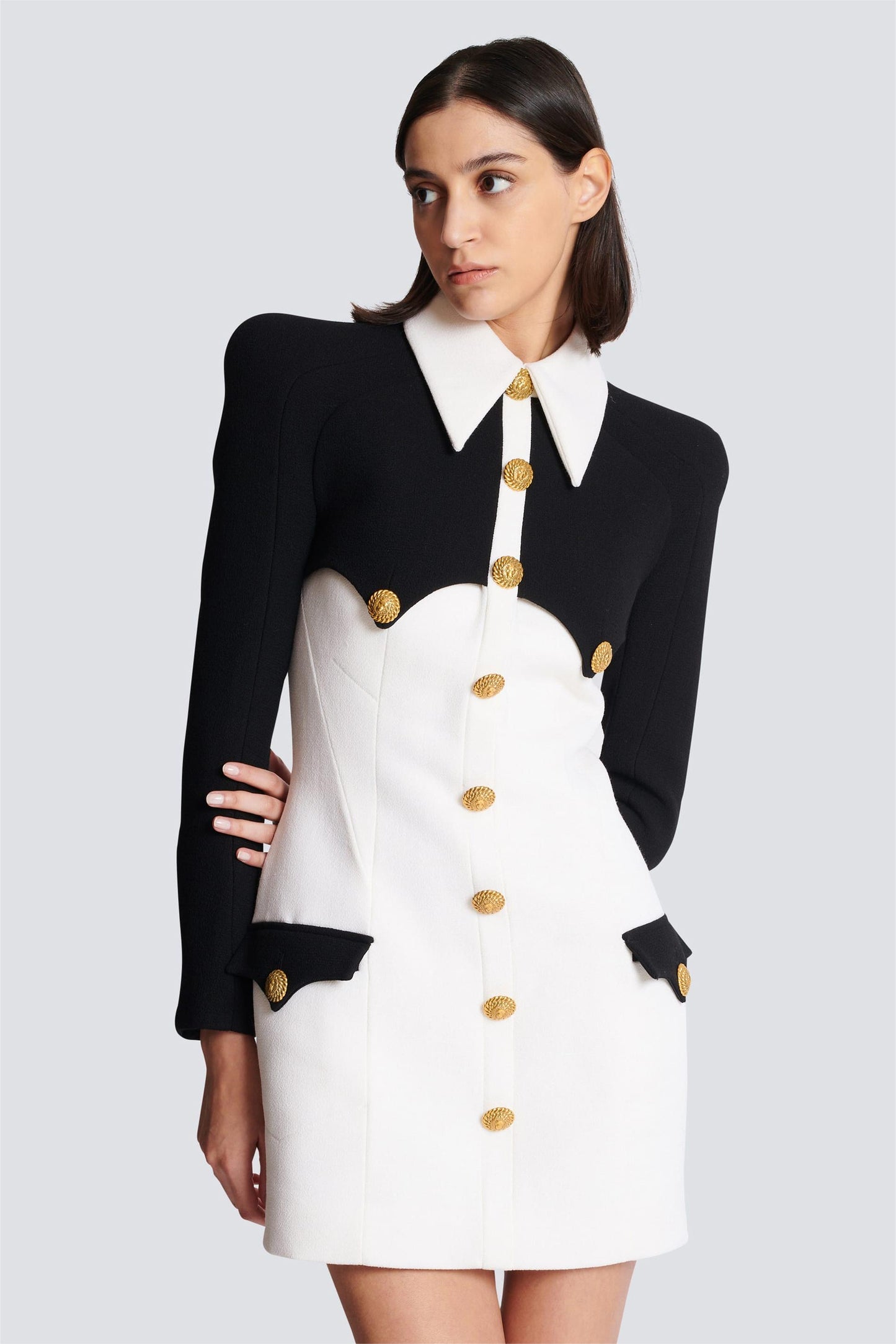 Contrast Color Metal Button Long Sleeve Mini Dress