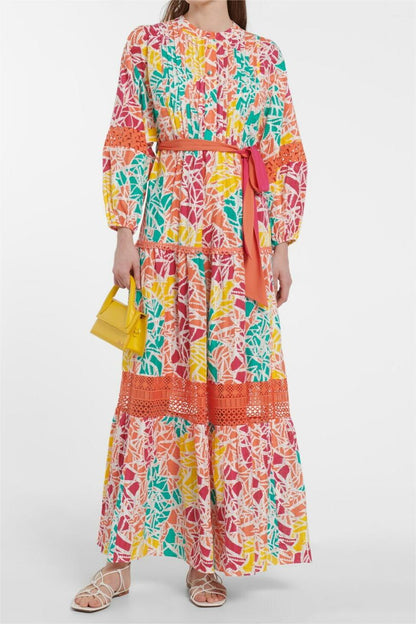 Abstract Print Lace Pleated Midi Dress With Belt