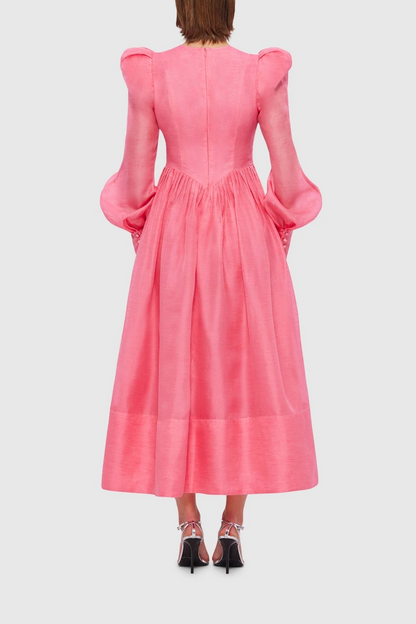 Solid Lantern Sleeve Round Neck Midi Dress