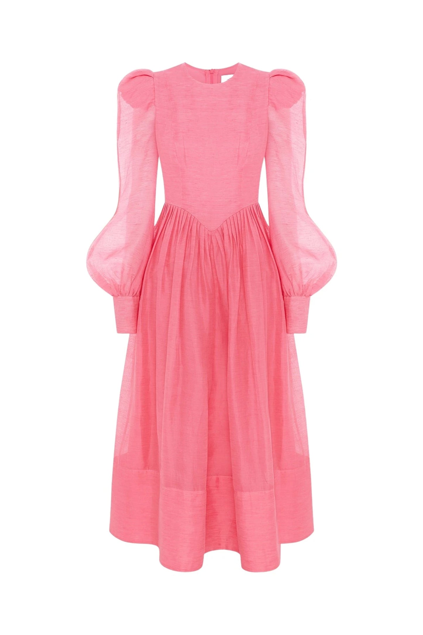 Solid Lantern Sleeve Round Neck Midi Dress