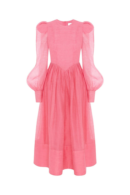Solid Lantern Sleeve Round Neck Midi Dress