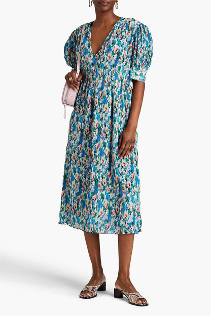 Abstract Print Pleated V-Neck Midi Dress