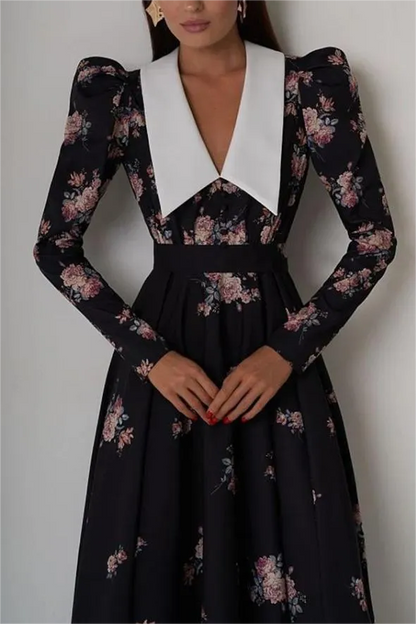 Floral Contrast Collar Puff Sleeve Midi Dress