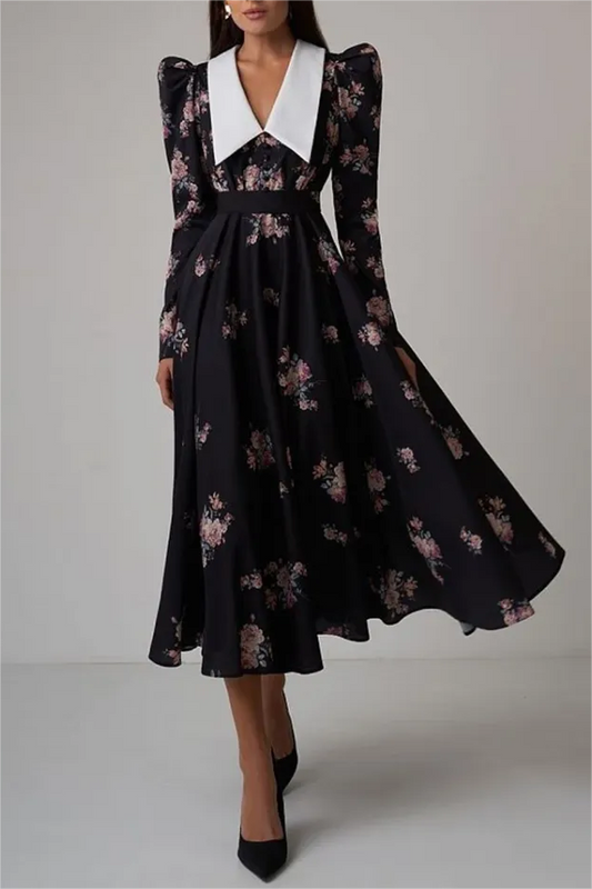 Floral Contrast Collar Puff Sleeve Midi Dress