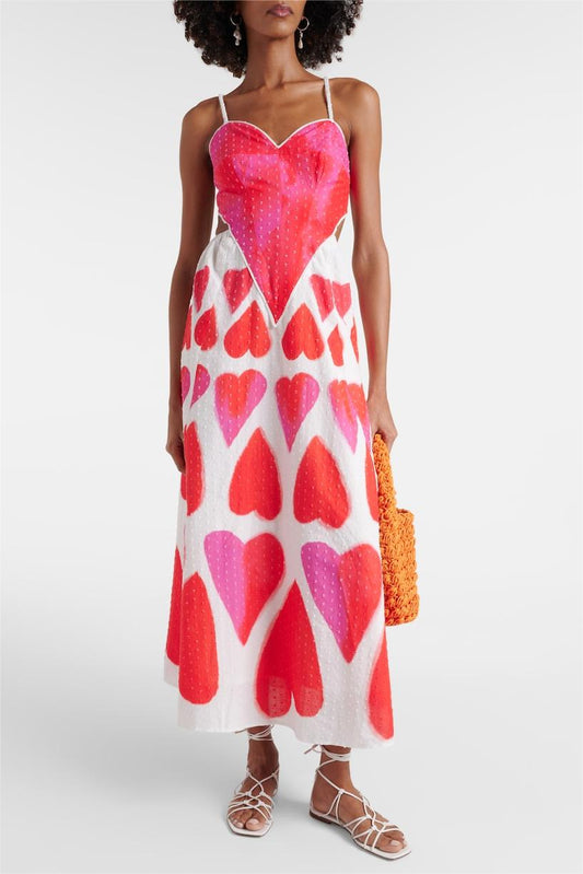 Sweetheart Print Cut-Out Sleeveless Midi Dress