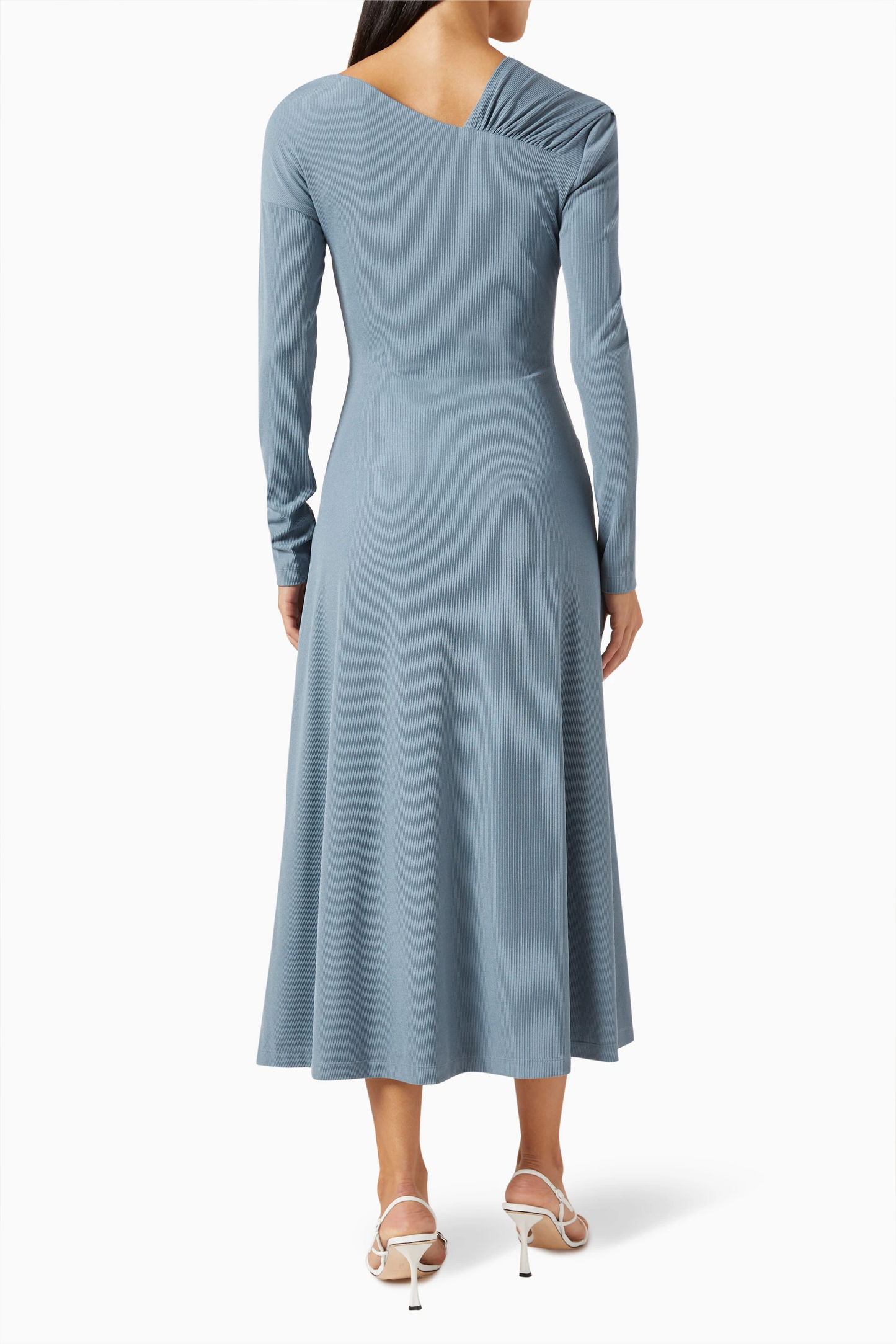 Jersey Solid Ruched Long Sleeve Midi Dress Blue