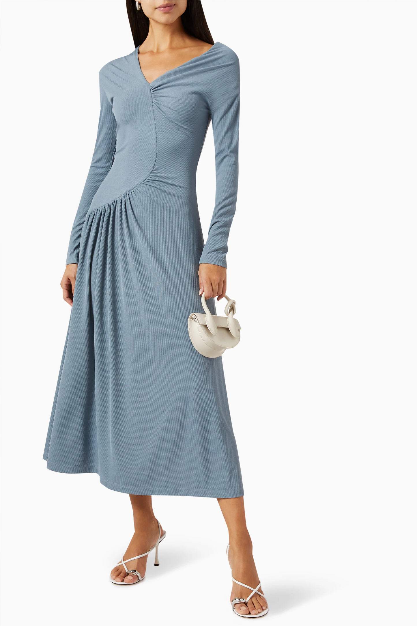 Jersey Solid Ruched Long Sleeve Midi Dress Blue