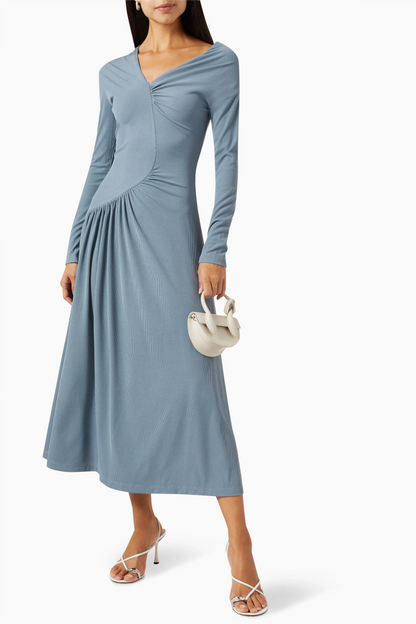Jersey Solid Ruched Long Sleeve Midi Dress Blue