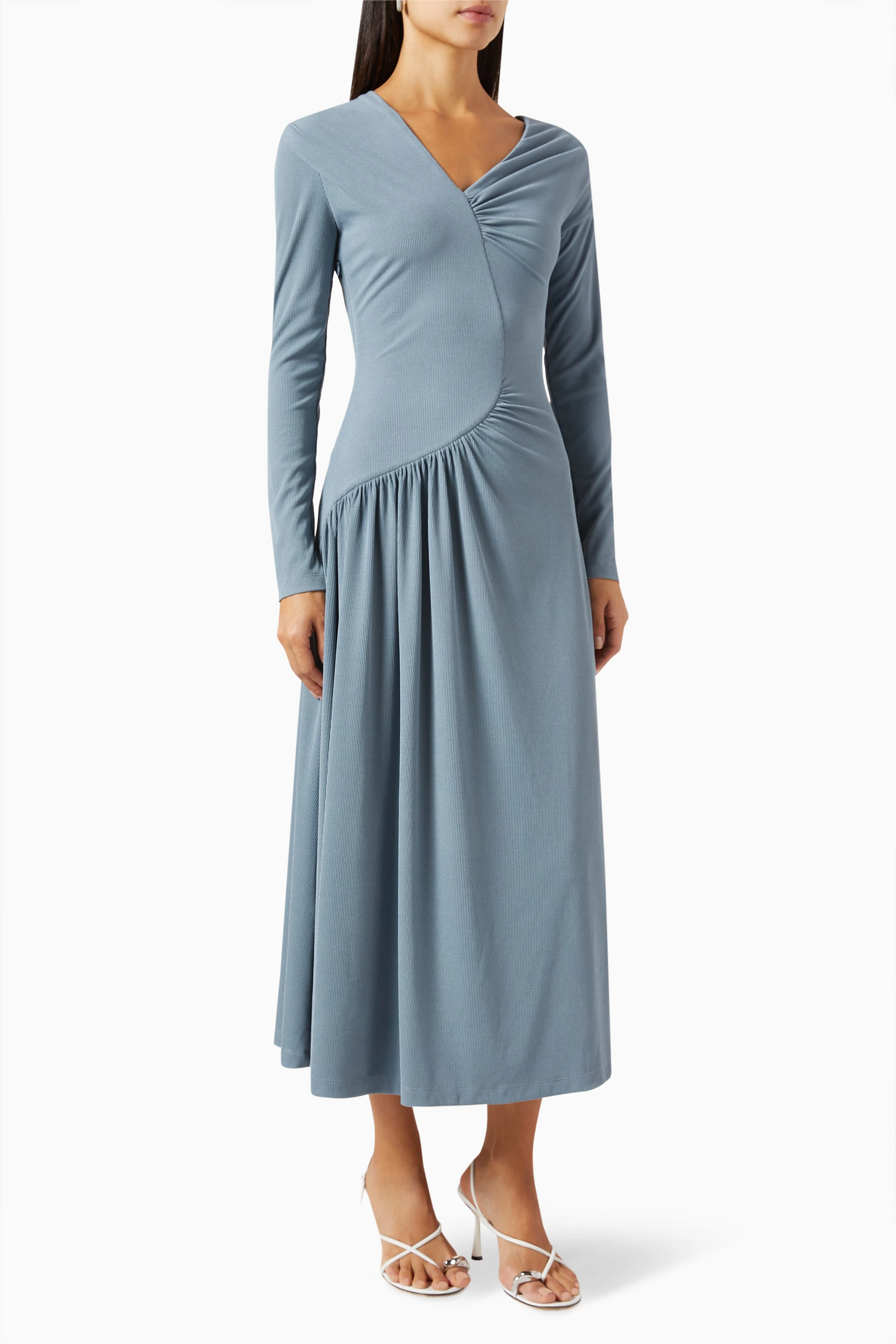 Jersey Solid Ruched Long Sleeve Midi Dress Blue
