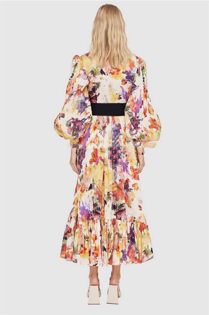 Abstract Print Lantern Sleeve Midi Dress With Belt