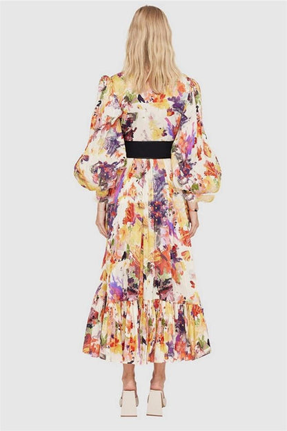 Abstract Print Lantern Sleeve Midi Dress With Belt