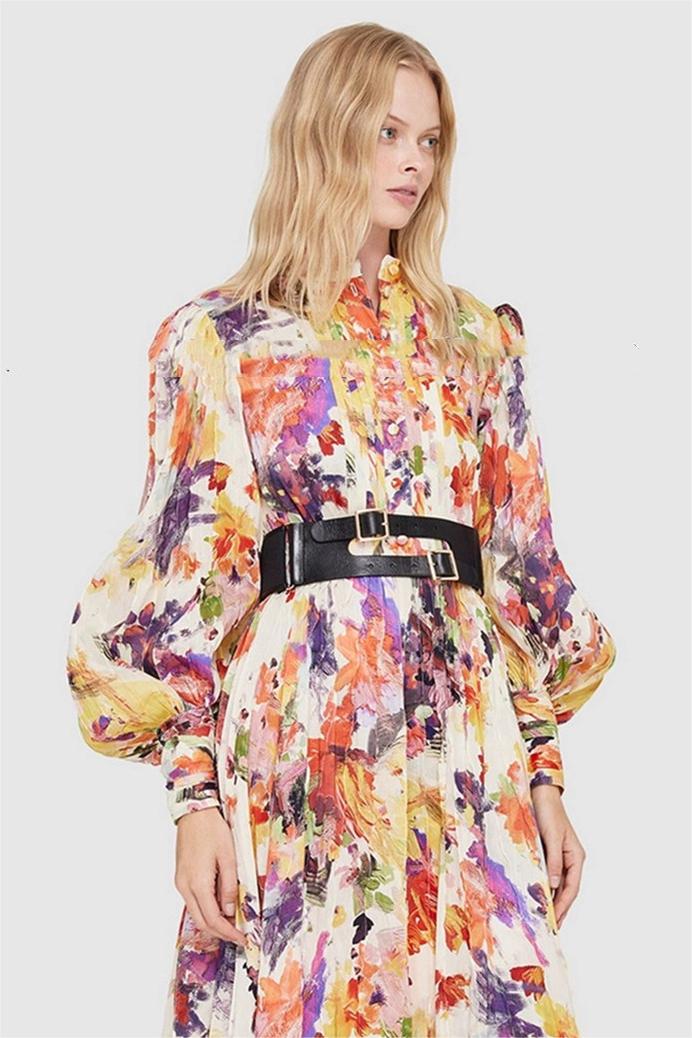 Abstract Print Lantern Sleeve Midi Dress With Belt
