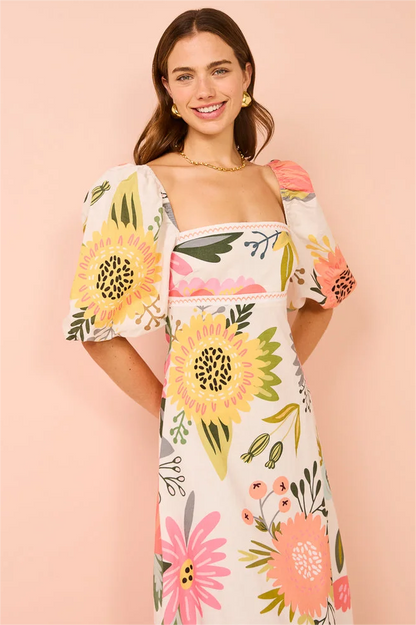 Floral Short Sleeve Square Neck Midi Dress
