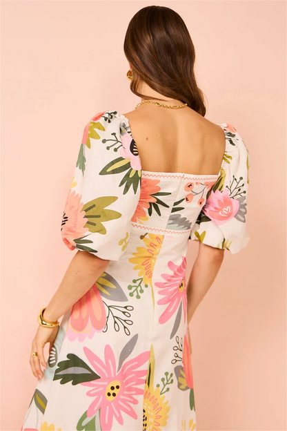 Floral Short Sleeve Square Neck Midi Dress