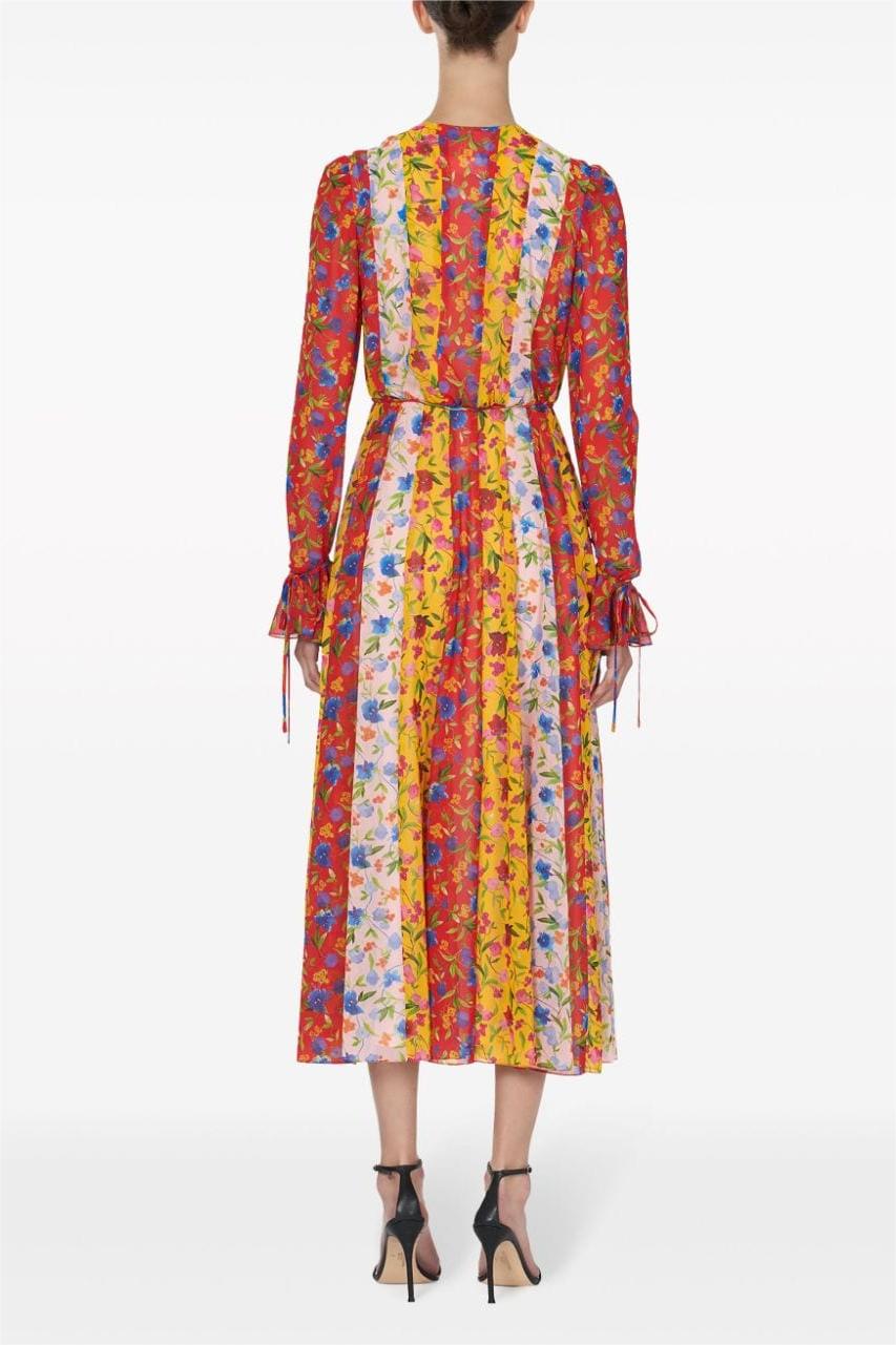 Floral Patchwork Print V-Neck Lace Up Midi Dress With Belt