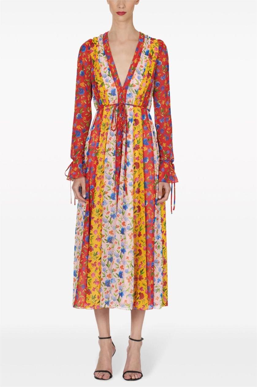 Floral Patchwork Print V-Neck Lace Up Midi Dress With Belt