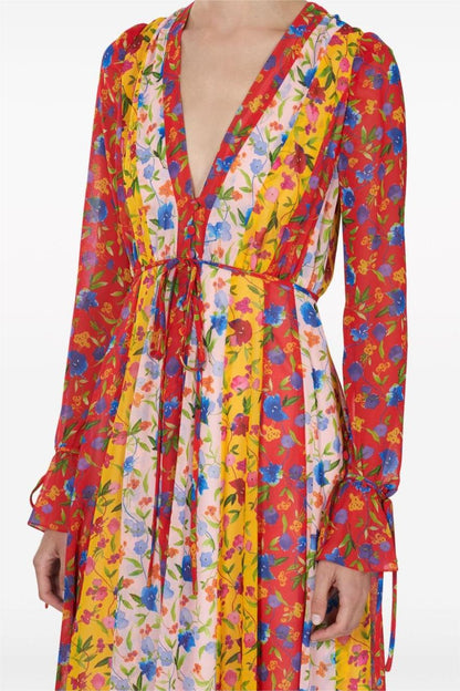 Floral Patchwork Print V-Neck Lace Up Midi Dress With Belt