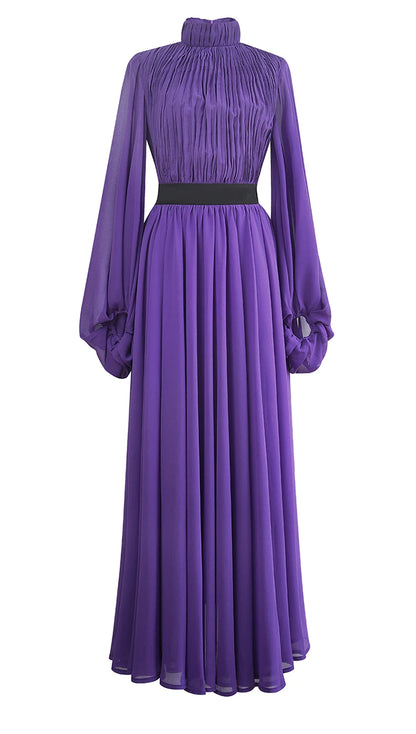 Solid Ruched Lantern Sleeve Midi Dress