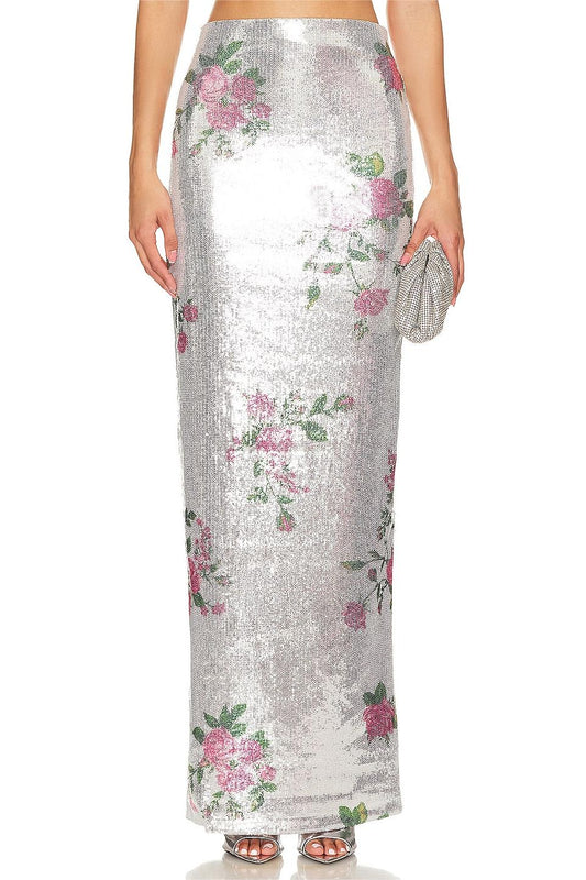 Floral Sequin High Waist Midi Skirt