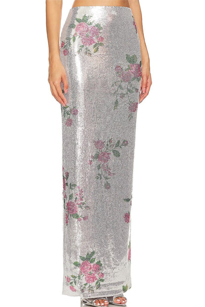 Floral Sequin High Waist Midi Skirt