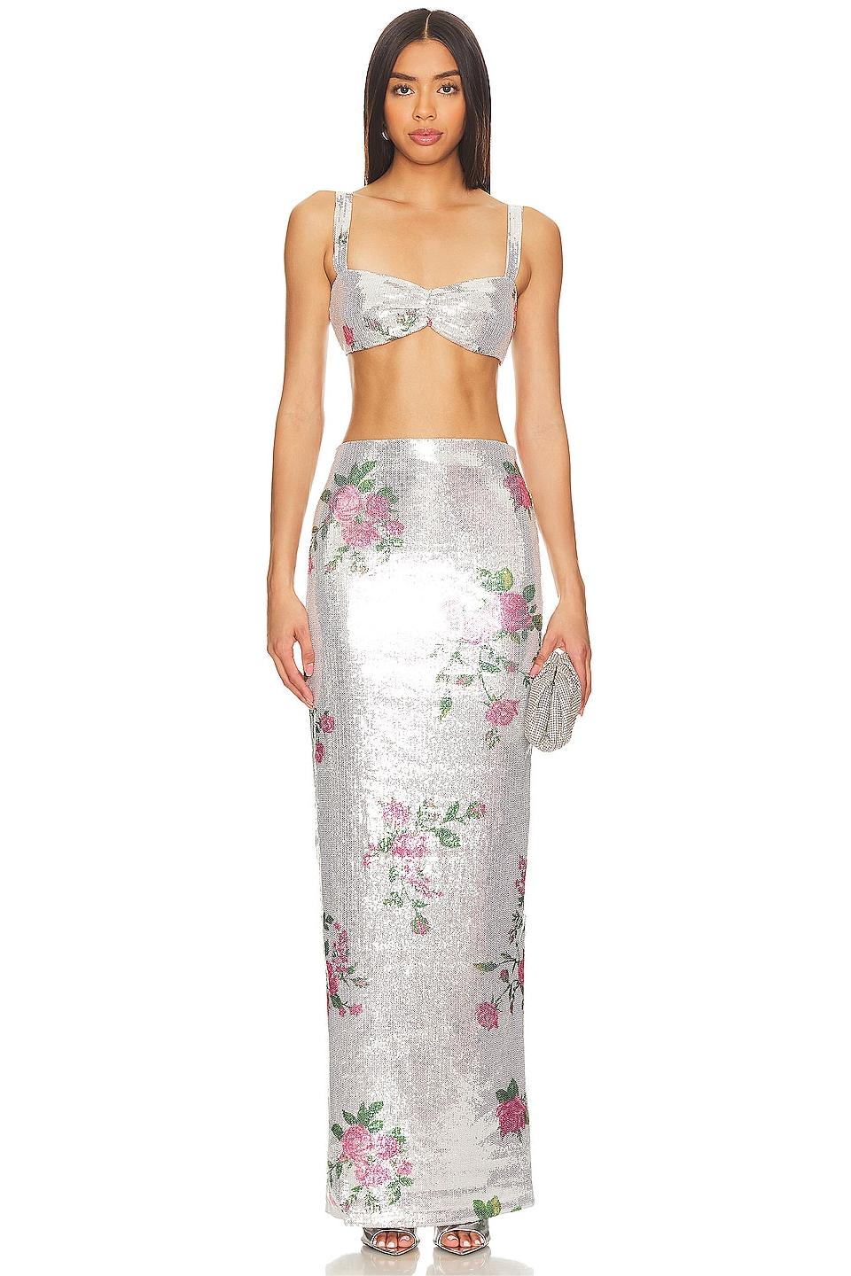 Floral Sequin High Waist Midi Skirt