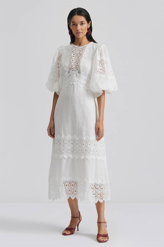 Embroidered Round Neck Puff Sleeve Midi Dress