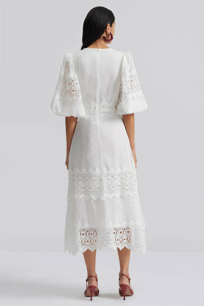 Embroidered Round Neck Puff Sleeve Midi Dress