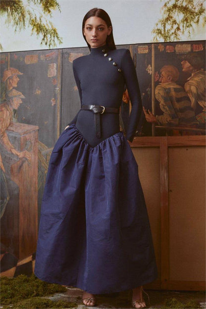 Solid High Neck Button Midi Dress