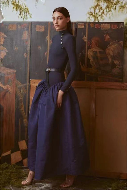 Solid High Neck Button Midi Dress