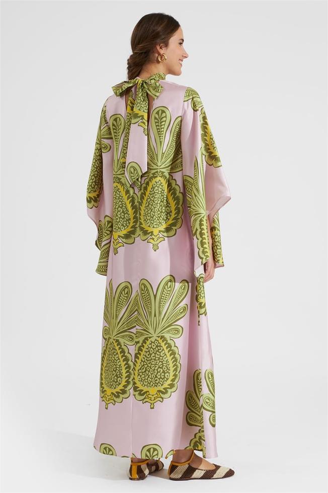 Botanical Print Satin Lace Up Maxi Dress