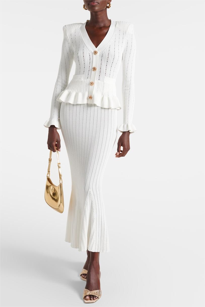 Solid Metal Button Top ＆ High Waist Knit Midi Dress Set