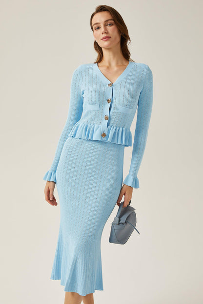 Solid Metal Button Top ＆ High Waist Knit Midi Skirt Set Blue