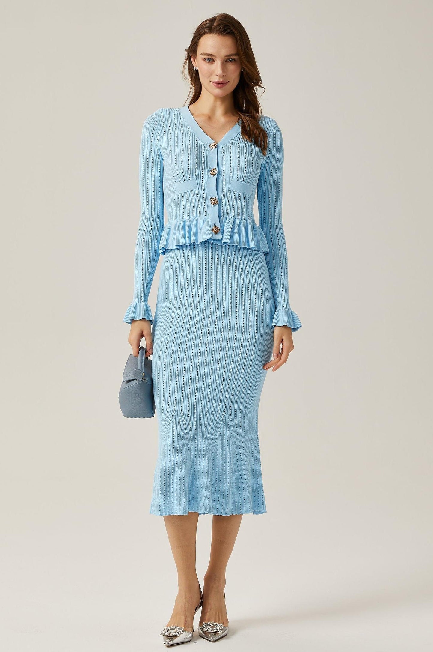 Solid Metal Button Top ＆ High Waist Knit Midi Skirt Set Blue