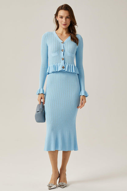 Solid Metal Button Top ＆ High Waist Knit Midi Skirt Set Blue