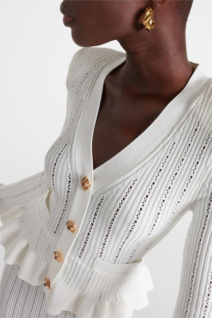 Solid Metal Button Top ＆ High Waist Knit Midi Dress Set