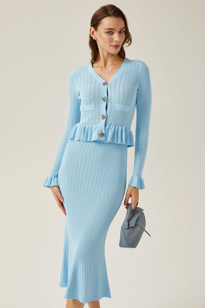 Solid Metal Button Top ＆ High Waist Knit Midi Skirt Set Blue