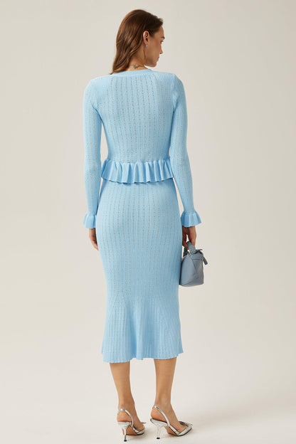 Solid Metal Button Top ＆ High Waist Knit Midi Skirt Set Blue