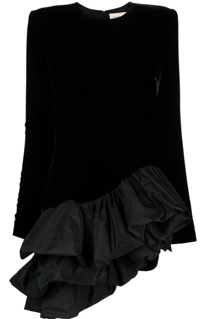 Solid Velvet Long Sleeve Ruffle Mini Dress