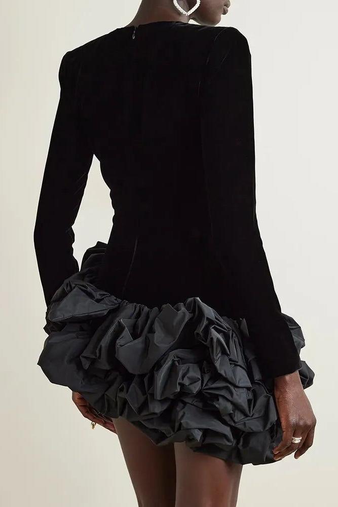 Solid Velvet Long Sleeve Ruffle Mini Dress
