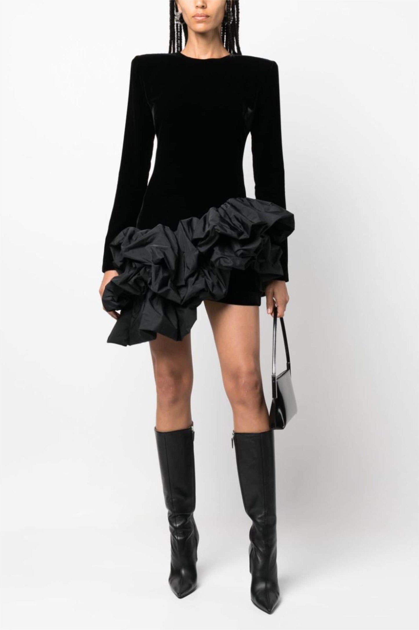 Solid Velvet Long Sleeve Ruffle Mini Dress
