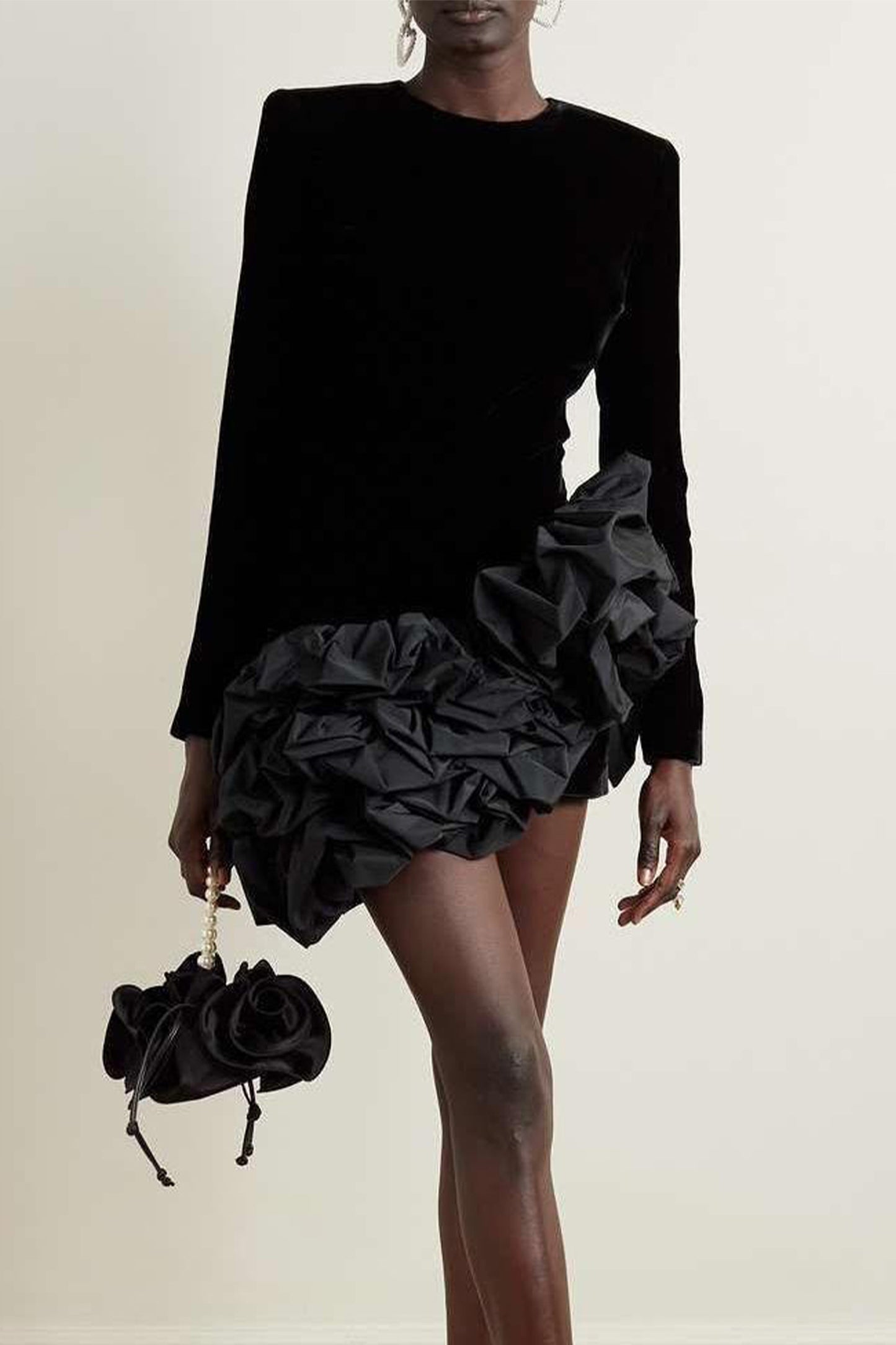 Solid Velvet Long Sleeve Ruffle Mini Dress