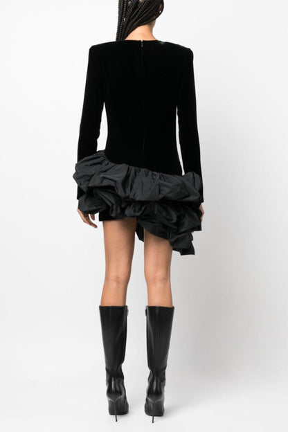 Solid Velvet Long Sleeve Ruffle Mini Dress