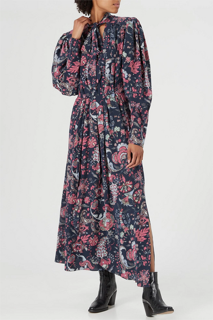 Paisley Print Lace Up Midi Dress