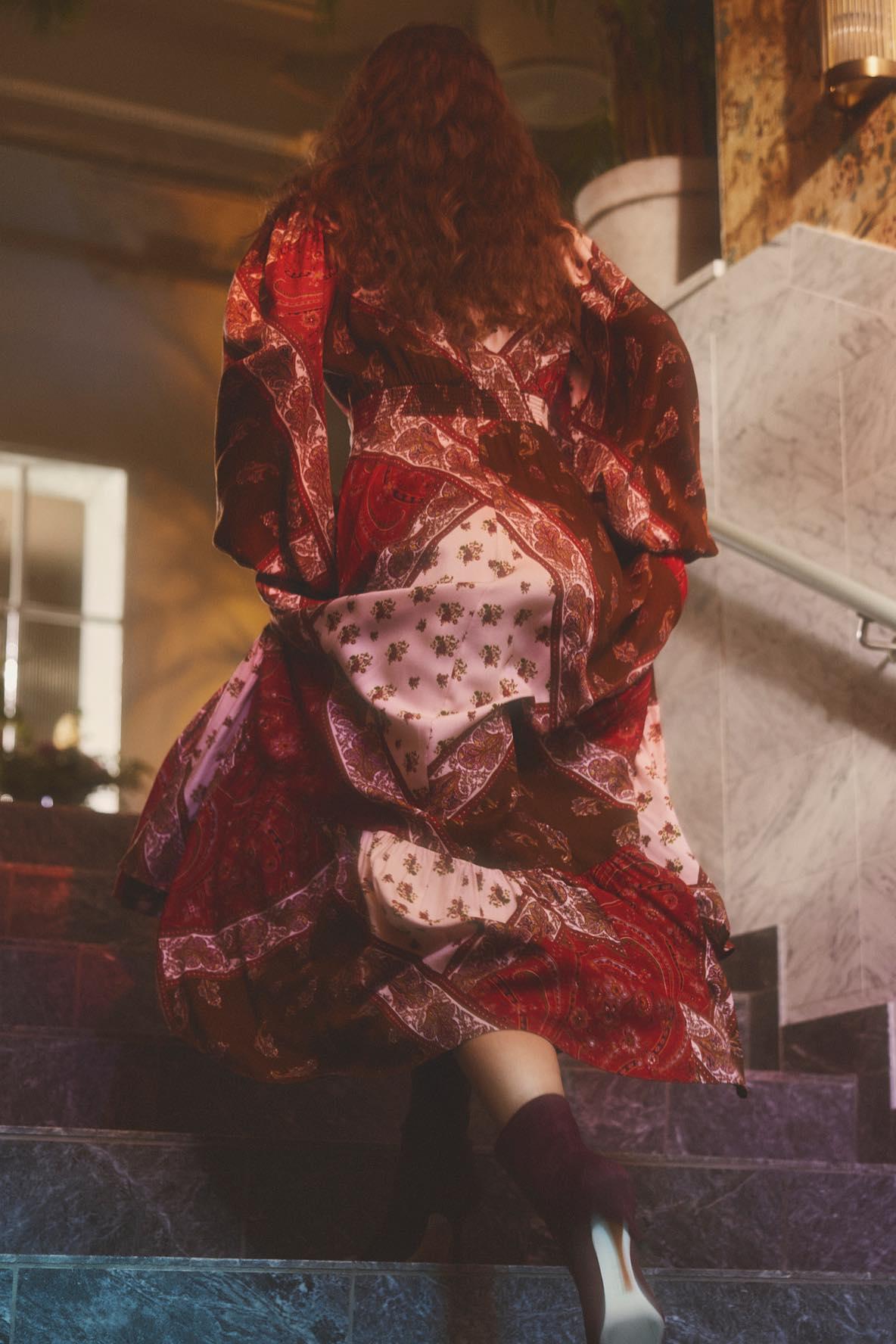 Botanical Print Lantern Sleeve Midi Dress